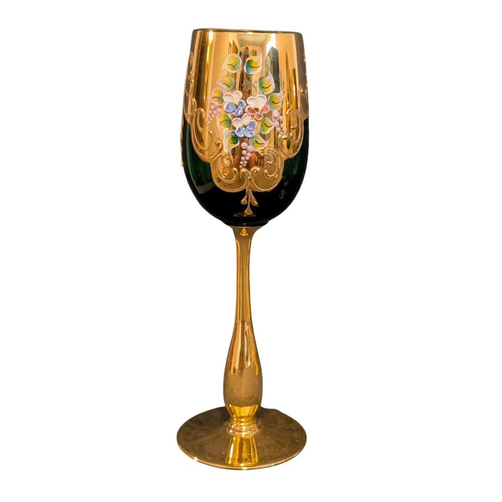 Vintage 50s Green Stem Wine Goblet Tre Fuochi Murano Italy Venetian Heavy Gilt
